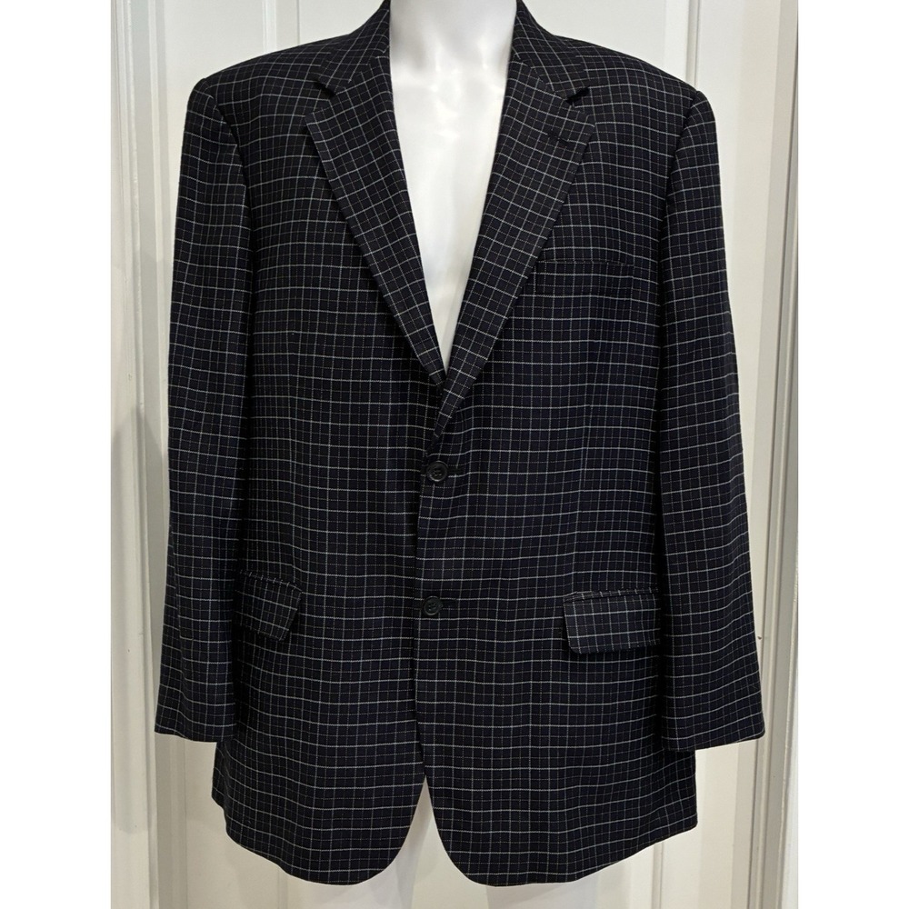 BACHRACH Silk Bamboo Sport Coat Mens 44R Navy Check Plaid Blazer Double Vented